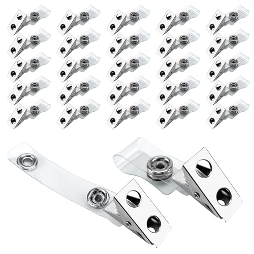 50 Pcs Metal ID Badge Clips with Clear PVC Straps,Heavy Duty Name Badge Holders with Clip,Badge Clip