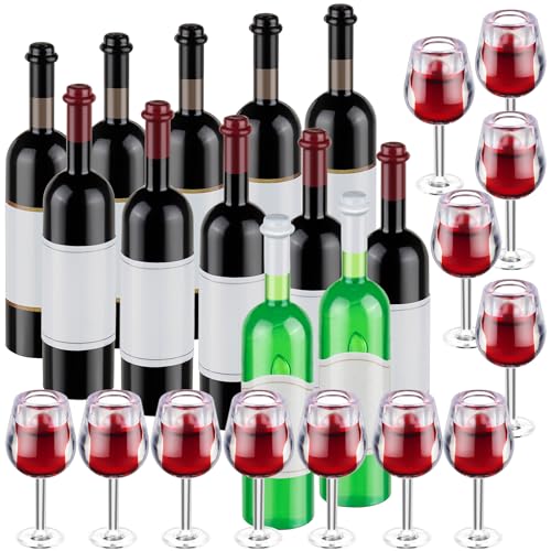 24 Pcs Mini Wine Bottles, 1:12 Scale Miniature Red Wine Bottle, Dollhouse Miniature Bottles, Mini Cocktail Glasses Drink Cups for Dollhouse Kitchen Decoration Accessories
