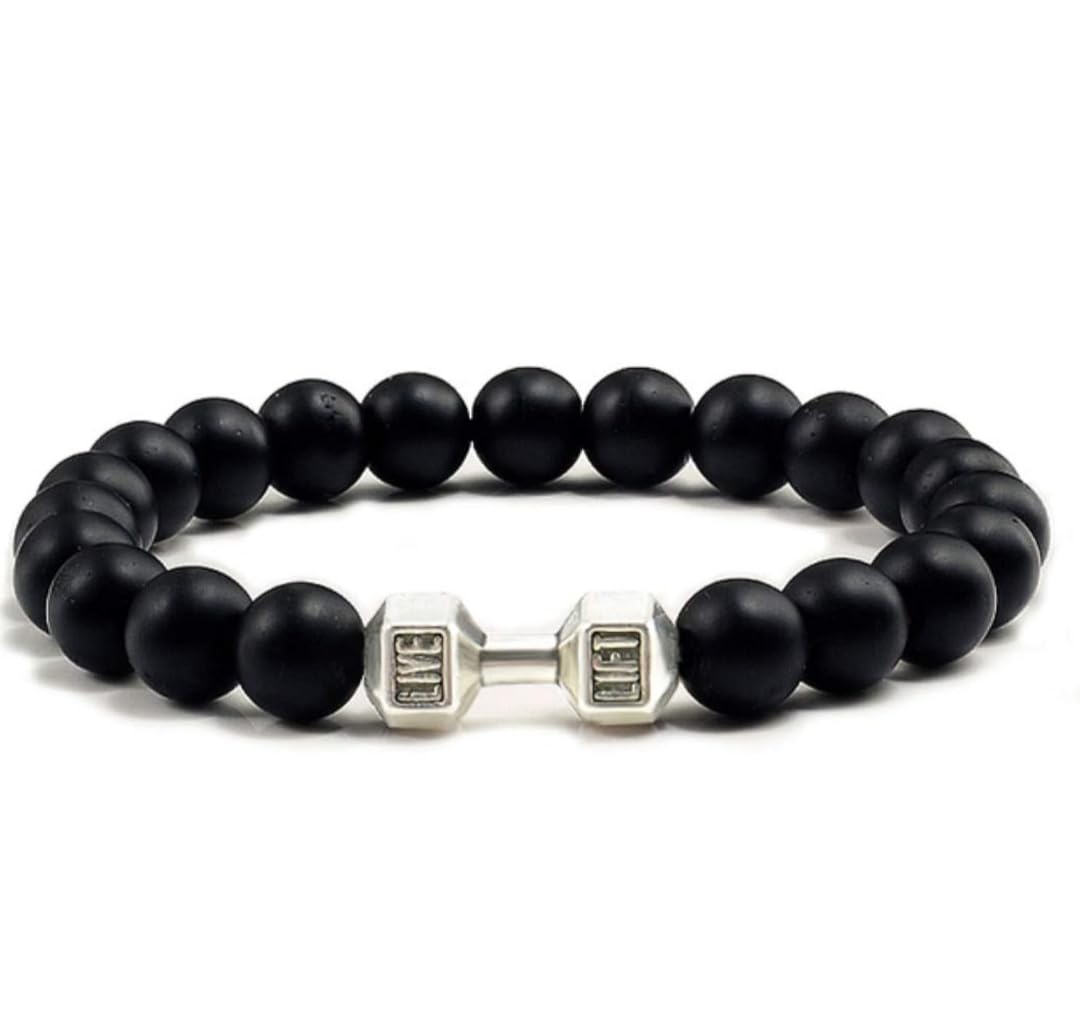 The Key House Natural Black Matte Agate Onyx Beads Body Building Fitness Dumbbell Charm LIVE LIFT Bracelet for Men and Women Boys and Girls and for Gift and Gym Lovers (B0CZ4F7C4D) Amazon Price History, Amazon Price Tracker