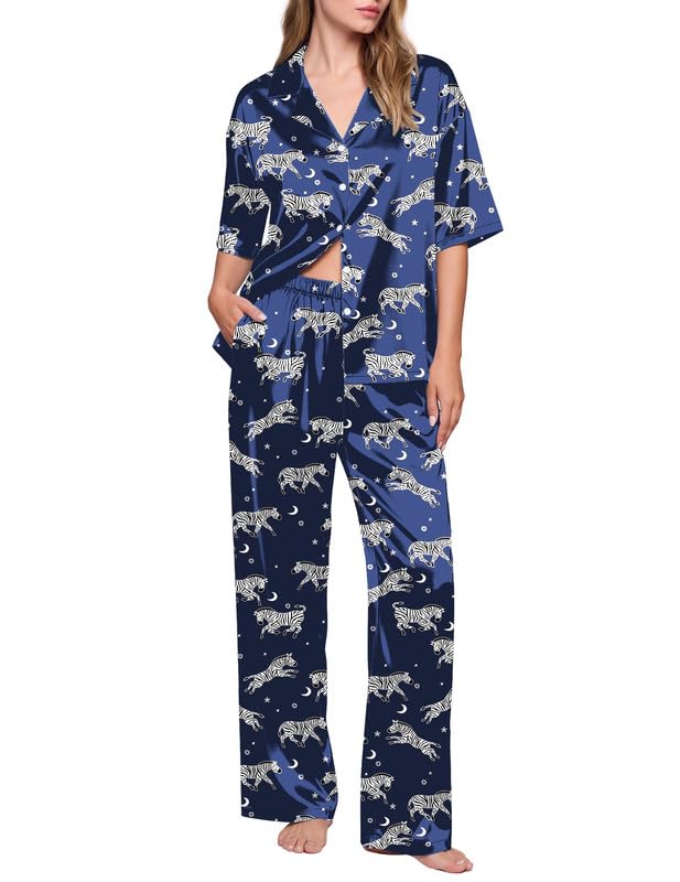 Image of Ekouaer Silk Satin Pajamas Set Women Short Sleeve Pj Sets Button Down Sleepwear 2 Piece Soft Loungewear S-XXL