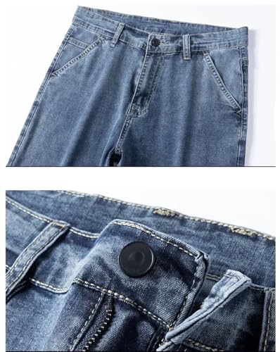 Hndudnff Men Thin Jeans Slim Elastic Straight Trousers Business Breathable Denim Trousers3