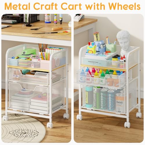 Image of Yociyoga 3 Tier Rolling Cart with Drawers,Pantry Storage Cart with Wheels,Under Desk Storage Cart for Small Space,Pantry Floor Organizers and Storage,Metal Load-Bearing Utility Craft Cart,White