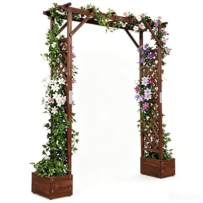 VINGLI Wooden Garden Arbor with Planter, Wedding Arch for Ceremony, Wood Garden Arbour Trellis for Plant Climbing, Pergola for Garden Backyard, Lawn, Outdoor (Dark Brown)