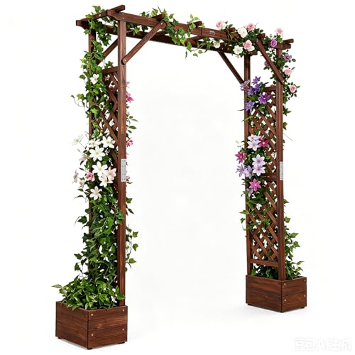 VINGLI Wooden Garden Arbor with Planter Wedding Arch for Ceremony Wood Garden Arbour Trellis for Plant Climbing Pergola for Garden Backyard Lawn Outdoor (Dark Brown)