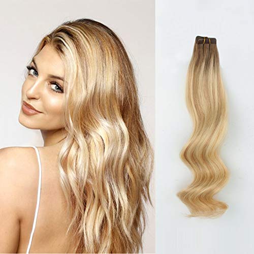 ABH AMAZINGBEAUTY HAIR Rooted with Highlights Remy Tape in Hair Extensions, 20 Pieces 50 Grams, Chestnut Brown Fading into Dirty Blonde with Beach Blonde Highlights R6-18-613, 20 Inch
