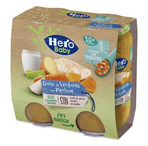 Hero Baby Tarritos de Guiso de Verduras con Merluza con Trocitos para bebés a partir de 10 meses, Pack de 2x235gr