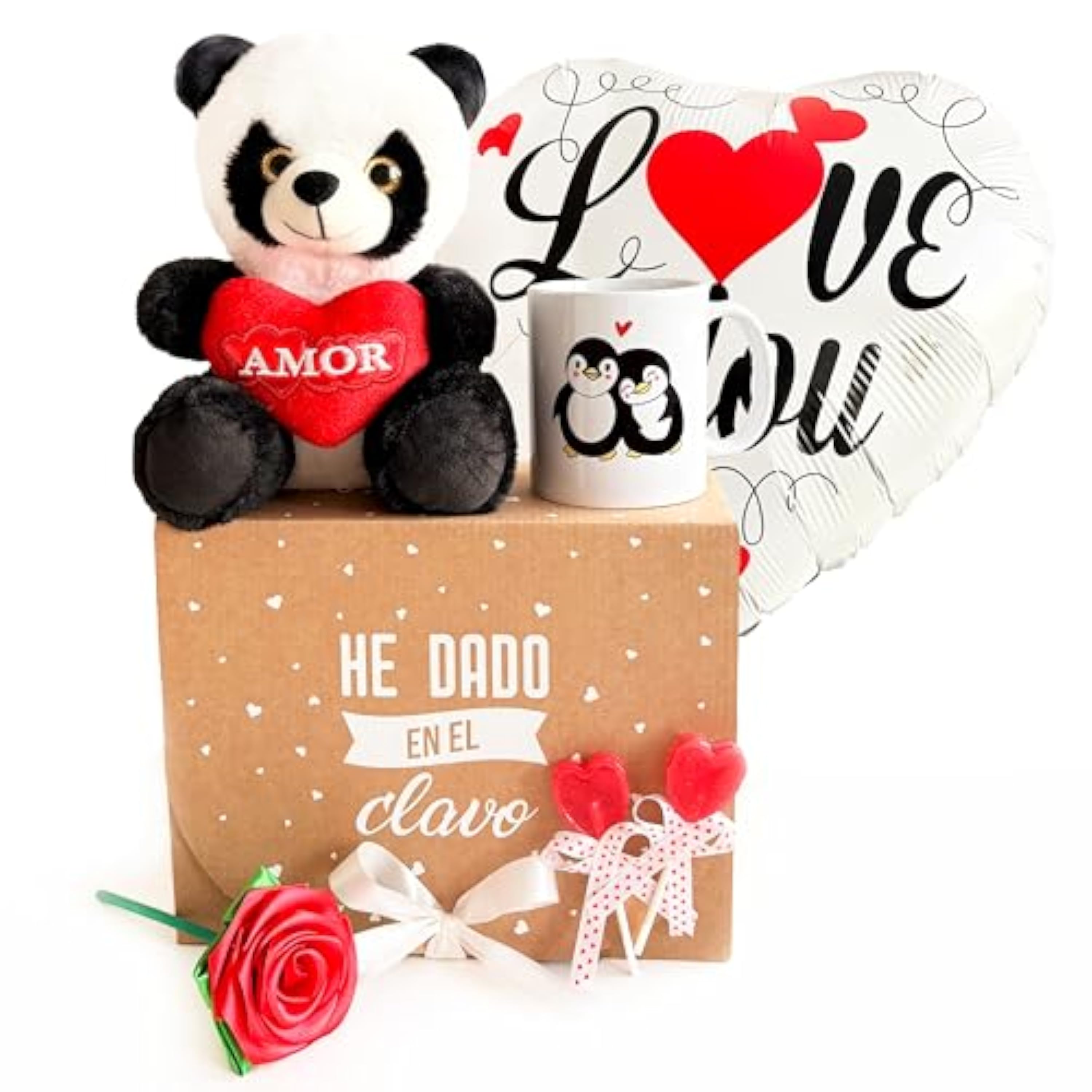 Pack de Peluche Romántico - Taza Pinguinos y más – Regalo Original para Aniversario y San Valentín – Pack Regalo para Novia Ideal para Parejas - Incluye Peluche, Taza, Globo, Piruletas y Rosa Eterna