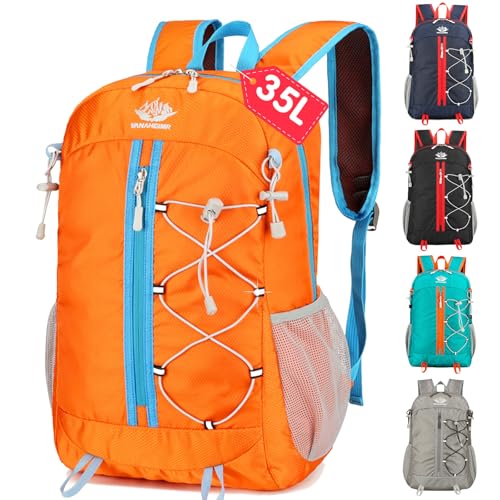 YOWOSHE 35L Naranja Mochila Senderismo, Impermeable Mochila Montaña, Ultraligera Mochila Plegable Con Tiras Reflectantes,Hombre Mochila Mujer para Varias Actividades Aire Libre