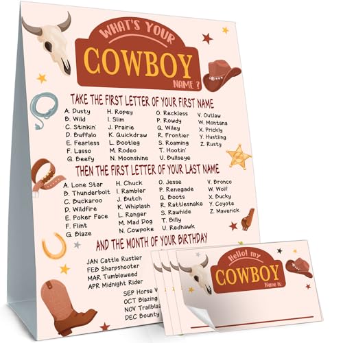 Cidobi What is Your Cowboy Name Game, Cowboy Birthday Party Game, 1 Cowboy Name Game Double Sided Sign, 30 Name Stickers, Games for Boys Party Activity Decoration Supplies