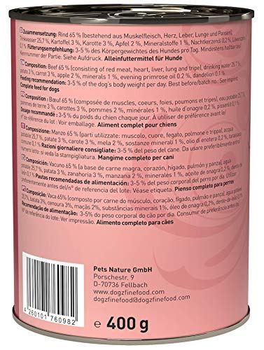 dogz finefood Hundefutter nass - N° 2 Rind - Feinkost Nassfutter für Hunde & Welpen - getreidefrei & zuckerfrei - hoher Fleischanteil, 6 x 400 g Dose