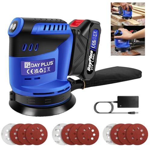 Electric Orbital Sander with 12pcs Sandpaper, 1.5Ah Battery & Charger, 125mm Cordless Random Orbit Sander with 3 Variable Speed, 360°Rotating Sanding, Dust Collection for Sanding, Polishing Metal/Wood