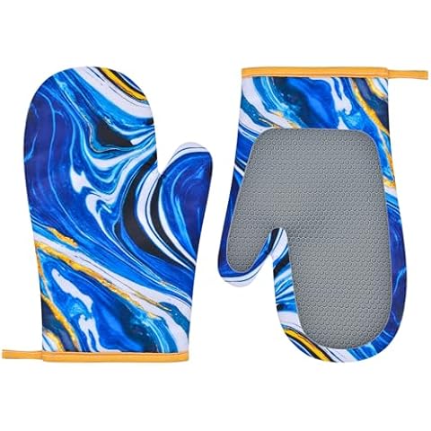 Oven Mitts Set of 2 with Silicone Shell and Printing Cotton Lining, Cute Oven Mitts Kitchen, Non-Slip Surface for Baking Cooking Grilling, Blue Marble Cover