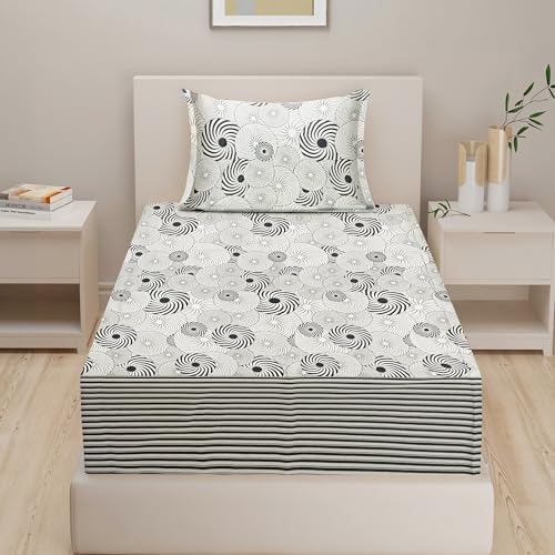 Image of Swayam Pure Cotton Single Bedsheet with 1 Pillow Covers | Size 60 x 90 inch | 160 TC | Geometric Design | Soft Breathable Bed Sheet | Comfortable & Durable for Bedroom - White