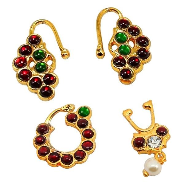 Golden Bharatanatyam Dance Jewellery Nath Without Piercing Kempu Nose Ring Pin Nathiya For Women