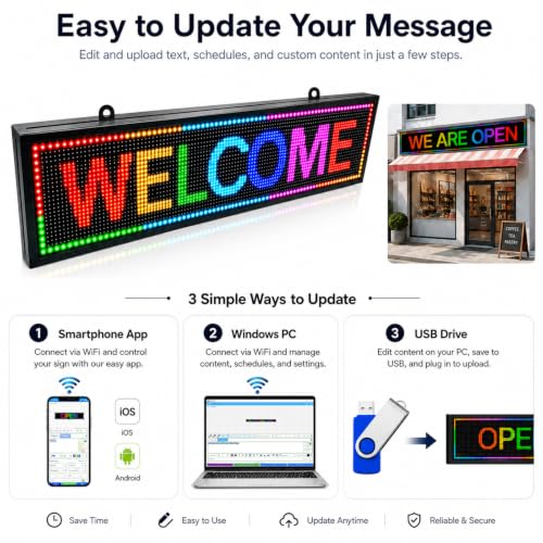 Image of WiFi Programmable LED Sign 40 inch x 8 inch, Outdoor P10 Store Sign | IP65 waterproof, 4500 cd /m brightness, full color text /logo display, app /PC /USB control, horizontal /vertical modes