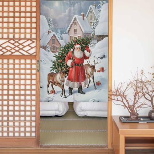 のれん 目隠し 遮光 暖簾 間仕切り クリスマス 冬 クリスマスツリー サンタクロース エルク鹿 厚手 防寒 防音 断熱 ロング 半間のれん リビング 和風 カーテン プライバシー保護 玄関 キッチ リビング 飲食店 出入り口 室内インテリア 温泉 施設向
