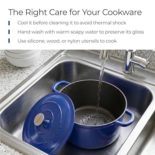 Image of Lifelong Enamel Cast Iron Dutch Oven with Lid (5.6L, 28cm) | Oven, Gas & Induction Compatible | Slow Cooking, Even Heat Distribution, Nontoxic, Durable, Naturally Nonstick, No Stains & Scratch (Blue)