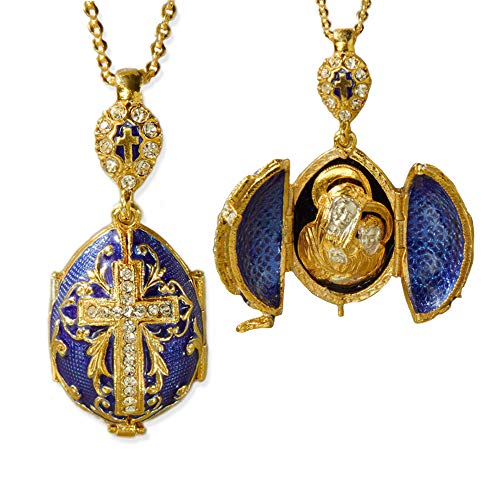 Religious Gifts Virgin Mary and Christ Blue Egg Icon Locket Cross Pendant Silver Gold Tone 1 1/2 Inch, Chain 18 inch, on Gift Pouch