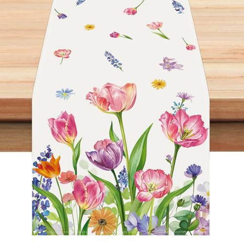 Bonhause Tulip Flower Spring Table Runner 13x72 Inch Pink Purple Floral Seasonal Spring Summer Kitchen Dining Table Decoration for Indoor Outdoor Home Party Decor