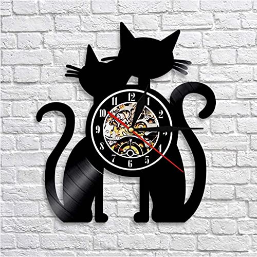 Reloj de pared, luz nocturna LED, diseño de disco de vinilo hecho a mano, silueta de gatos, pieza decorativa moderna para amantes de los gatos
