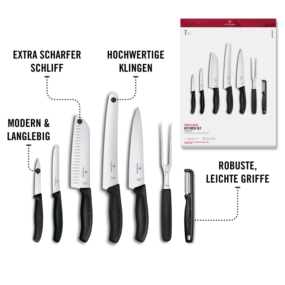 Victorinox Swiss Classic Küchenmesser Set, 7-teilig, mit Santokumesser | Hochwertiges Kochmesser Set inklusive Brotmesser, Gemüsemesser, Gabel und Schäler, rostfreier Stahl, Schwarz, Swiss Made