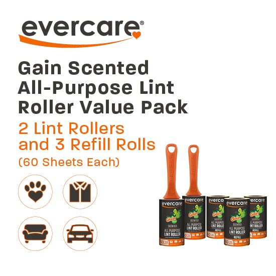 Image of Evercare Gain Scented All-Purpose Lint Roller Value Pack with 2 Lint Rollers and 3 Refill Rolls, 60 Sheets Each