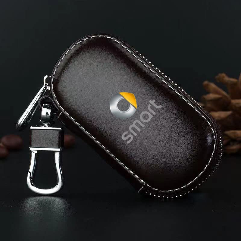 BRALEM Auto Portachiavi Portafoglio per Smart Fortwo Forfour 453 451 450 Cabrio Forfour Coupe, Vera Pelle Portatile Sacchetto Chiave Auto Cerniera Antifurto Zipper,Dark Grey