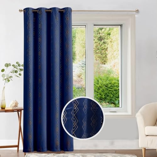 Image of Urban Space 80-85% True Blackout Curtains for Window, Gold Foil Printed Blackout Curtains, Decorative Window Curtain Eyelet with Tieback, 1 Piece Curtain for Living Room(Diamond Navy Blue, 5 Feet)