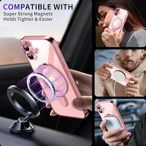 Image of Magnetic for iPhone 16 Case with Invisible Stand[Compatible with MagSafe][Full Camera Lens Protector][Military Drop Protection] Shockproof Not Yellowing Clear Soft Slim for Women Men, Pink