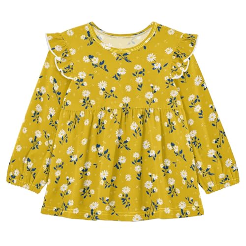 Daisy Flower Yellow P Girls Shirts Cotton Long Sleeve Ruffle Toddler Tee Tops