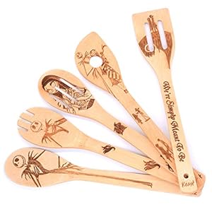 Keast 5Pcs Bamboo Spatula Spoon Set, The Nightmare and Christmas Nonstick Spatulas and Spoons Kitchen Christmas Decoration, Wood Kitchen Utensil Set Valentine’s Day Gift Christmas Gift