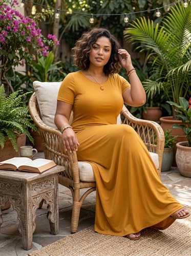 Image of SUZONANA Plus Size Maxi Dress for Curvy Women Summer Casual Sundress Short Sleeve Loose Vacation Dress