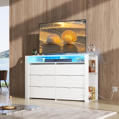 Image of WLIVE 6 Drawer Led Dresser for Bedroom, 51 inch White Wood Dresser Storage Organizer with Charging Station for 55 inch TV, Dressers with Open Shelves, Hanging Rack, Chest of Drawers for Closet, Living Room