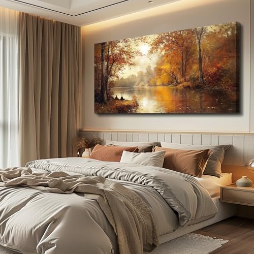FUHAIHUA Canvas Wall Art For Living Room Large Wall Decor For Bedroom Aesthetics Office Wall Decoration Saffron Yellow Tree Landscape Painting Forest Picture Artwork Ready To Hang Home Decor 24"X48"