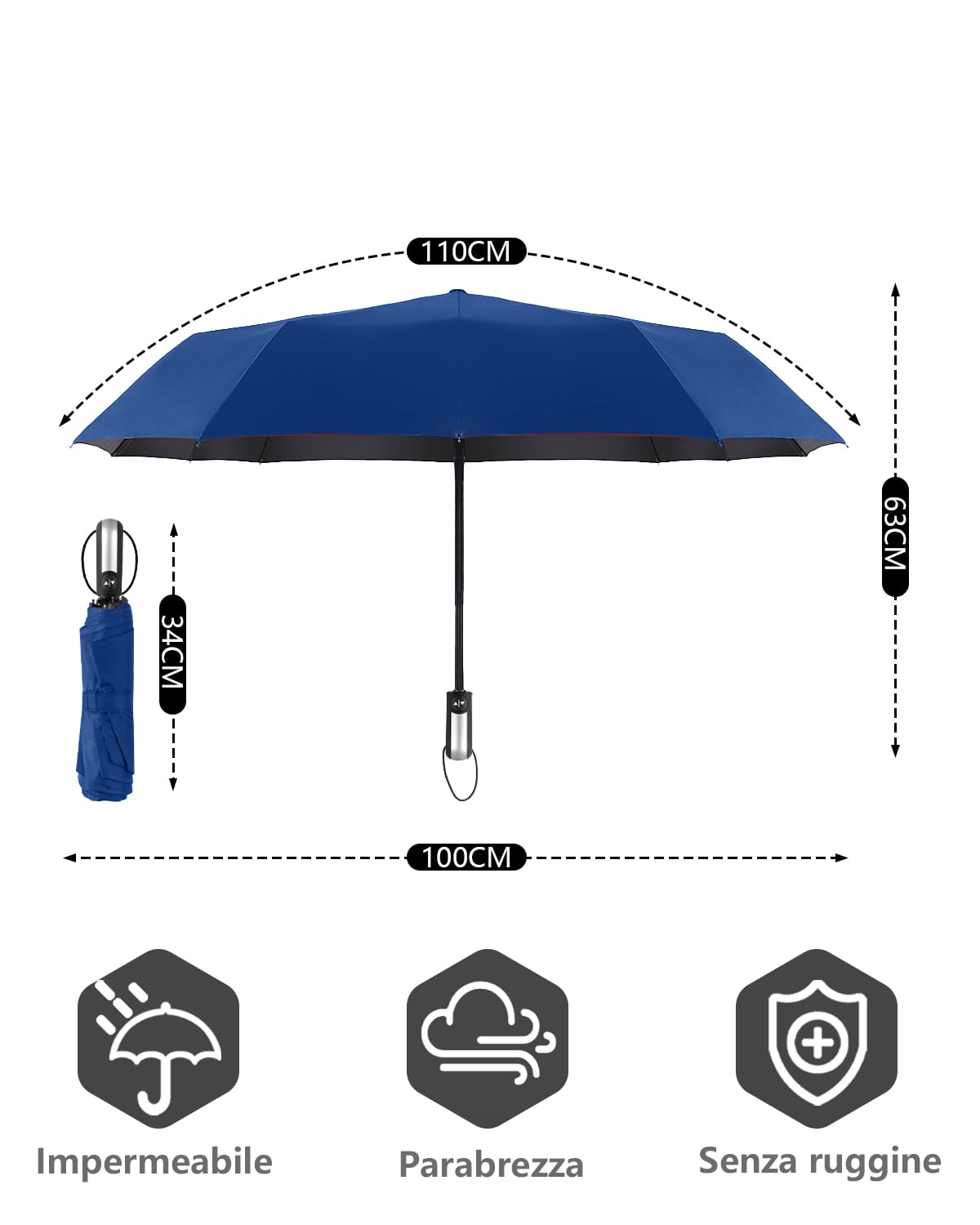 HW CASA Ombrello Pieghevole Antivento con 10 Ossa,Apertura Chiusura Automatico,Rivestimento Agli Ioni D'argento UPF 50+,110CM Ombrello Grande,Compatto Ombrello Automatico,Adatto a Uomo Donna
