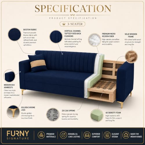 Image of FURNY Signature Regalia 3 Seater Sofa Set | Boston Fabric | 40D Foam + Zigzag Spring | 3-Yr Warranty (Midnight Blue & Warm Beige) | Modern Living Luxury Sofa Set for Home, Office & Hotel Spaces
