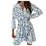 Longra Damen Sommerkleid Maxikleider Strandkleid Cocktailkleid Knielang Böhmen V-Ausschnitt 3/4 Ärmel, Frauen Mädchen Partykleid Mini Kleider A-Linie Volantkleider Freizeitkleider