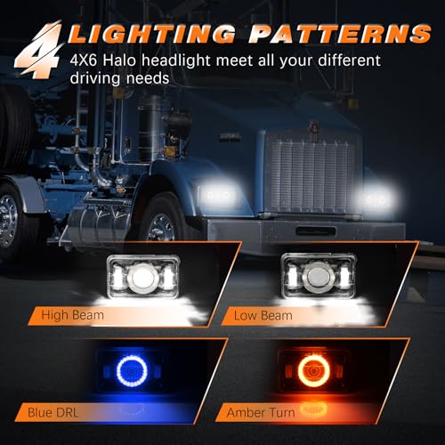 Image of 4x6 LED Headlights [Dot Approved] with Halo Blue DRL Amber Turn Signal Light [High Low Sealed Beam] Compatible for Peterbilt 379 Kenworth T800 T600 Freightinger Ford Probe Ol-dsmobile Trucks