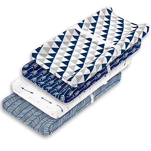 Image of Changing Pad Cover – Baby Changing Pad Covers 4 Pack – Boy or Girl Changing Pad Cover – Pure Cotton Machine Washable Navy and White Changing Table Cover – Diaper Changing Pad Cover Sheets