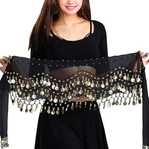 Dirair Women Belts Belly Dance HipScarf with Coins (Black, One size)
