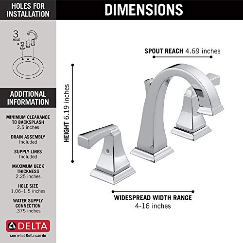 Image of Delta Dryden Chrome Bathroom Faucet 3 Hole, 8 Inch Widespread Bathroom Sink Faucet for Vanity, Metal Push-Pop Drain Assembly, Chrome 3551-MPU-DST