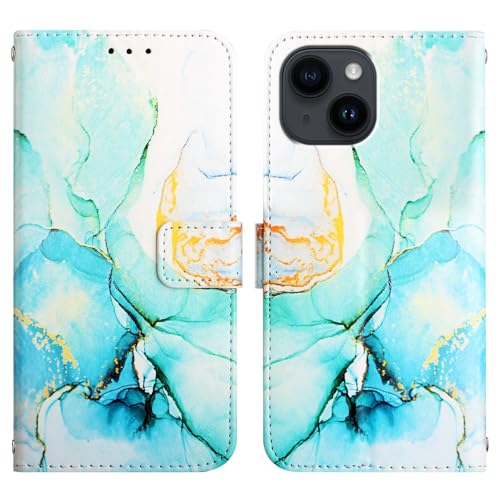 Image of ClickCase Marble Series Faux Leather Back Case Card Holder Wallet with Magnetic Closure Flip Cover for iPhone 15 Plus (Marble Green)