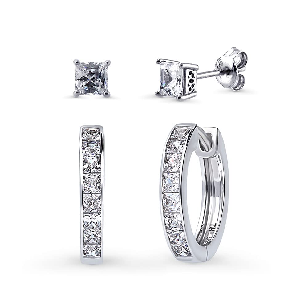 BERRICLESterling Silver Bar Cubic Zirconia CZ Solitaire Fashion Anniversary 2 Pairs Hoop and Stud Earrings Set for Women, Rhodium Plated, Sterling Silver Cubic Zirconia, Cubic Zirconia