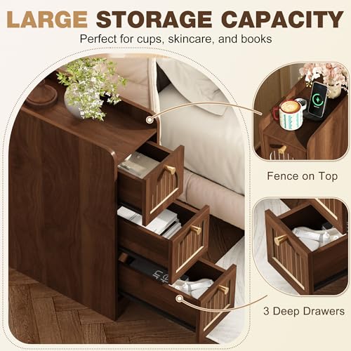 Image of 7.87 inch Narrow Nightstand Set of 2, Fluted Slim Bedside Table with 2 Drawers, Mid Century Modern Small End Table with Gold Metal Handles, for Bedroom, Living Room & Small Spaces - Walnut