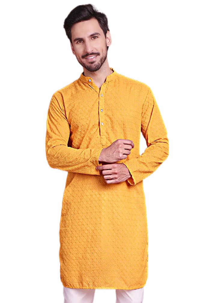Jompers Chikankari Pure Cotton Kurtas For Men (Mustard, M)
