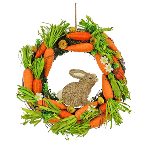 National Tree Company Artificial Hanging Wreath, Foam Grassy Base, Decorated with Carrots, Flower Blooms, Bunny, Easter Collection, 15 Inches