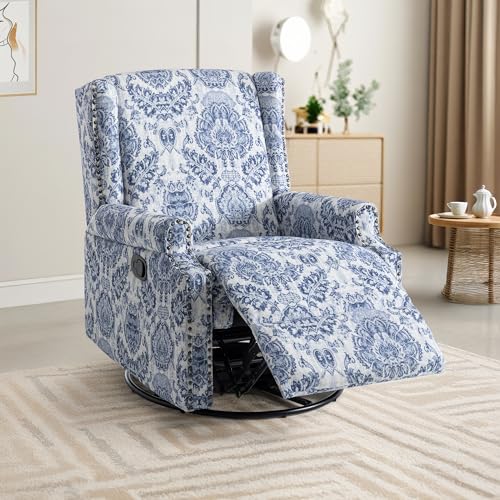 Image of Swivel Rocker Recliner Chair, 360 Swivel Wingback Recliner Chairs for Adults, Upholstered Printed Fabric Glider Rocking Chair with High Back, Deep Seat for Living Romm Bedroom, Navy