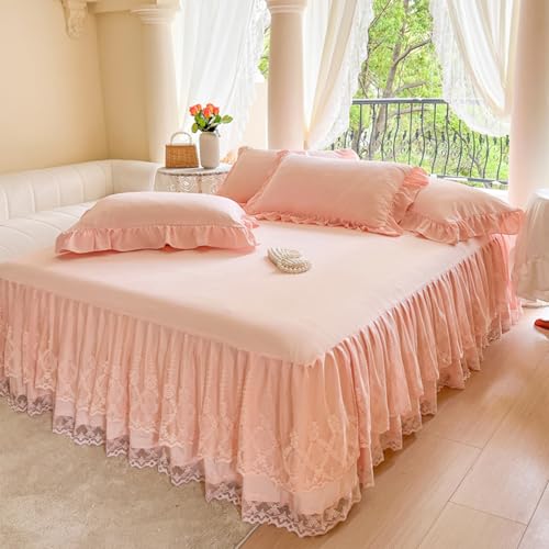 Image of Lace Bedskirt with Sheet and 2 Pillowcases for Full Bed, Dust Ruffle Bedskirt with Two Lace Layers, 17.7" Drop, Easy Fit Ruffle Wrap Around Bed Skirt