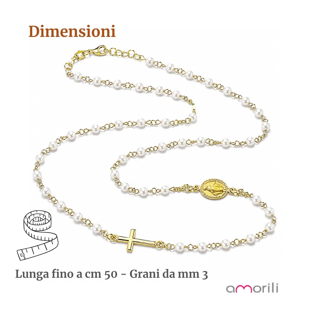 Collana Rosario Donna in Argento 925 Dorato Girocollo con Grani di Perle – Simbolo Cattolico Cristiano di Fede Religioso – Collana Elegante Idea Regalo cll2144