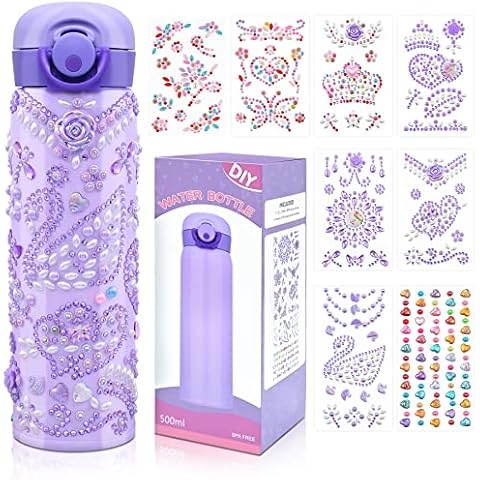 Sarsumir Girls Water Bottle, Decorate Your Own Water Bottle DIY Craft Kits for Kids with 8 Stickers, Girls Toys Age 5 6 7 8 9 10 11 Leakproof BPA Free Waterbottle, Purple Cover